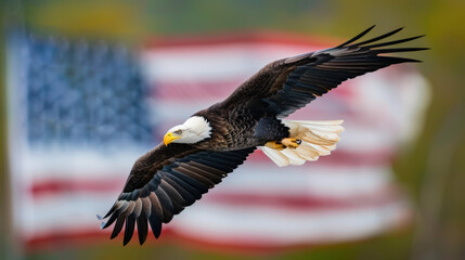 Naklejka premium Majestic bald eagle is flying with powerful wings spread wide against the backdrop of a blurred american flag