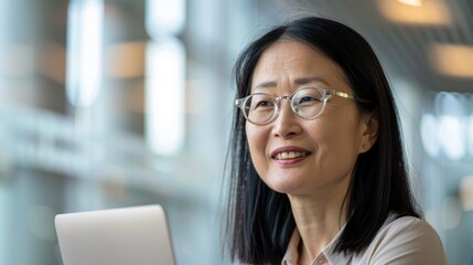 Office, business, Asian woman, and laptop for online planning, email, and search. Joyful young girl employee reading website report and connection information on computer