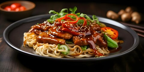 Japanese Fish Teriyaki Yakisoba Noodles Served on a Nordic Plate A Close-Up Shot. Concept Japanese Cuisine, Teriyaki Yakisoba Noodles, Nordic Plate, Close-Up Shot, Food Photography