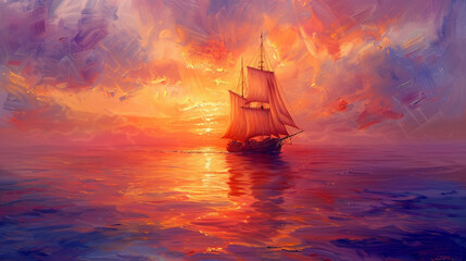 Fototapeta premium purple, violet red orange watercolor painting of a large ship sailing on a calm ocean at sunset