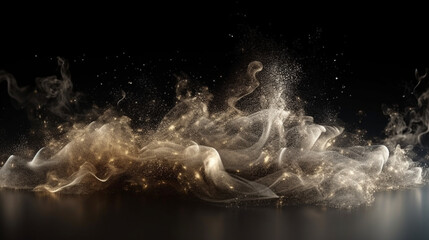 Fluid effect of golden perfume with flowing sparkles and magical glitter on silver background.