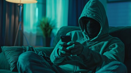 Phone, night hoodie, or neon hacker phishing man passwords, website servers, or database software. Installation of malware code by green ransomware developer, cybersecurity programmer