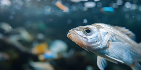 Fish contaminated with microplastics in a dark marine environment filled with plastic pollution. Concept Marine pollution, Microplastic contamination, Ocean ecosystem degradation