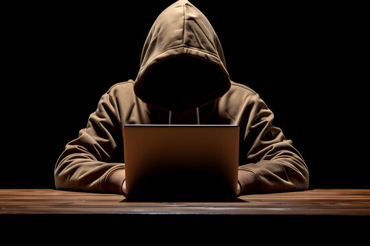 Anonymous hacker typing computer laptop. Cybercrime, cyberattack, dark web concept.