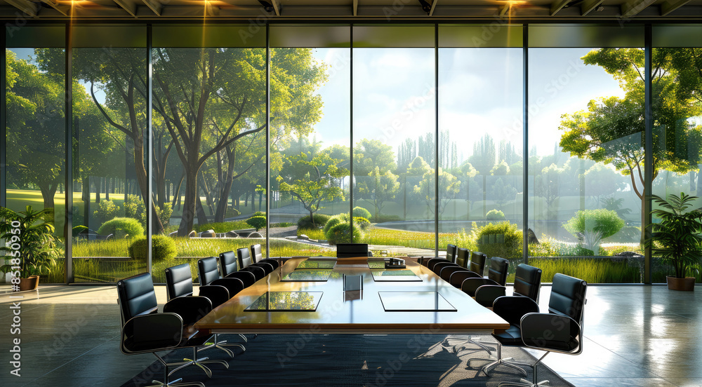 Aufkleber a business meeting in a room with large windows showcasing a beautiful green landscape and sustainab
