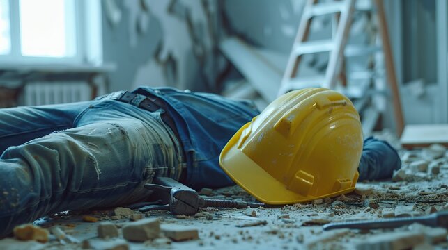 Construction Accident Scene Depicting a Fallen Worker. Dramatic Representation for Safety Awareness. Close-up View with Focus on Hard Hat and Debris. Perfect for Illustrating Workplace Risks. AI