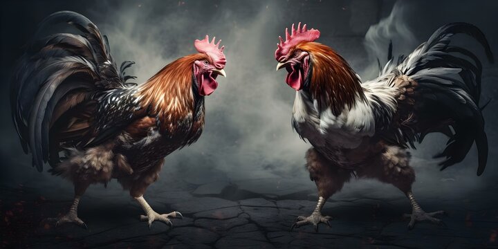 Roosters Engaged in Fierce Battle Unable to Address Each Sentence. Concept Roosters, Fierce Battle, Unable to Address, Each Sentence