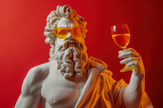 White marble statue of a greek god wearing yellow sunglasses and holding up a glass of wine against a red background - Powered by Adobe
