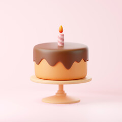 Chocolate cake with a single candle on top against a pink background. 3D render