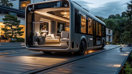Fototapeta premium Car, AI, Self-Driving, Home-like big truck, a further big truck, open car, residential space. Generative AI.