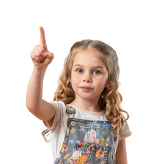 Girl raises finger up Attention please on isolated transparent background