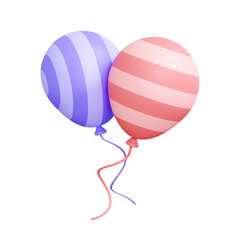 Two colorful balloons with striped patterns, one purple and one pink, are isolated on a white background. Creative cartoon design icon. 3D render illustration