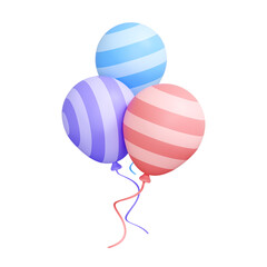 Three striped balloons in blue, purple, and pink float against a white background. Creative cartoon design icon. 3D render illustration