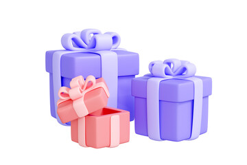 Three gift boxes, two purple and one pink, are displayed on a white background. Creative cartoon design icon. 3D render illustration