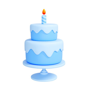 Blue two-tier birthday cake with white frosting and a single lit candle on top isolated on white background. Creative cartoon design icon. 3D render illustration