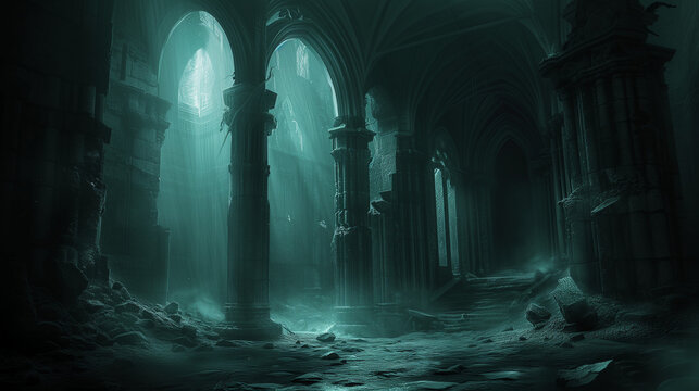The interior of an empty, deserted cathedral with decaying columns and rubble on the floor, eerily lit by moonlight.
