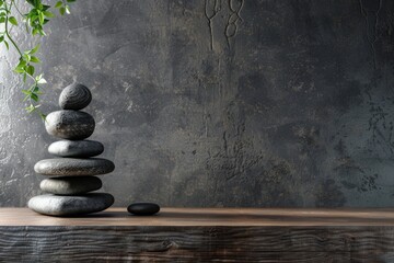 A stack of spa stones is neatly placed on a wooden table against on a grey background. Copy space