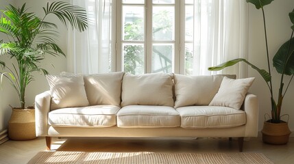Fototapeta premium Beige sofa in white room, window, plant. Generative AI.