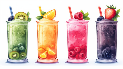 Delicious and traditional set of fresh smoothies adorned with berries and fruits