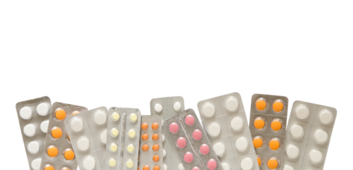 Set of blister with pills, tablets on a transparent background, png, border