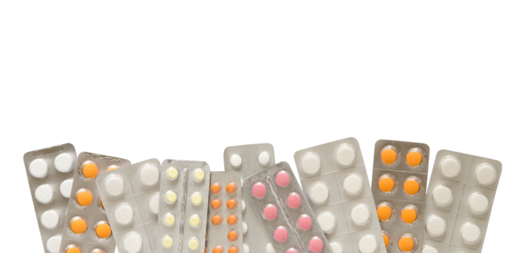 Set of blister with pills, tablets on a transparent background, png, border