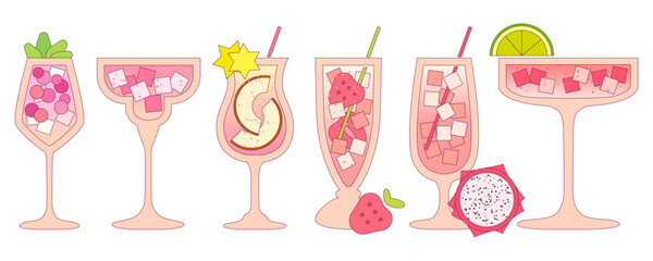 Cocktail set for the bar. Vector flat illustration with contour. Fruit and fruit drinks for the summer. Alcoholic and non-alcoholic drinks. Cooling liquids. Red and pink cocktails for the evening