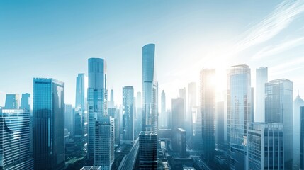 Fototapeta premium Futuristic cityscape, showing towering skyscrapers in afternoon