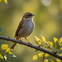 Fototapeta premium Graceful Sparrow Perched on Sunlit Branch at Dusk