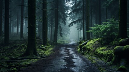 Fototapeta premium Misty forest path with lush green foliage and tall trees creating a sense of tranquility and mystery. Perfect for nature and wilderness themes.