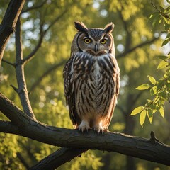Fototapeta premium Majestic Owl Perched on Willow Tree at Sunset
