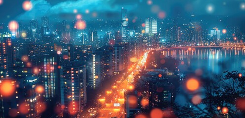 Fototapeta premium Far away colorful city night view. Generative AI.