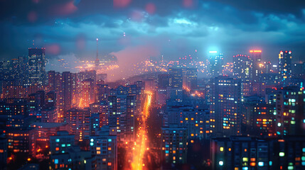 Fototapeta premium Far away colorful city night view. Generative AI.