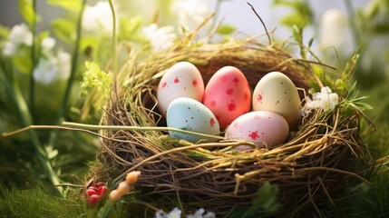 Obraz premium Nest with easter eggs in grass on a sunny spring day