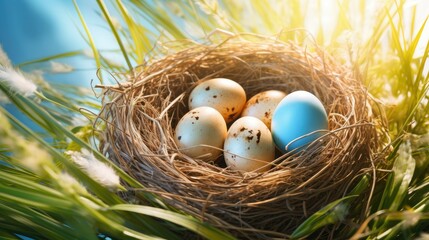 Nest with easter eggs in grass on a sunny spring day