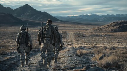 A Team Military with weapons moving patrolling desert landscape, back view.