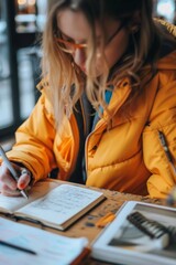 A woman in an orange down jacket sits at a table and writes in a notebook. Vertical orientation