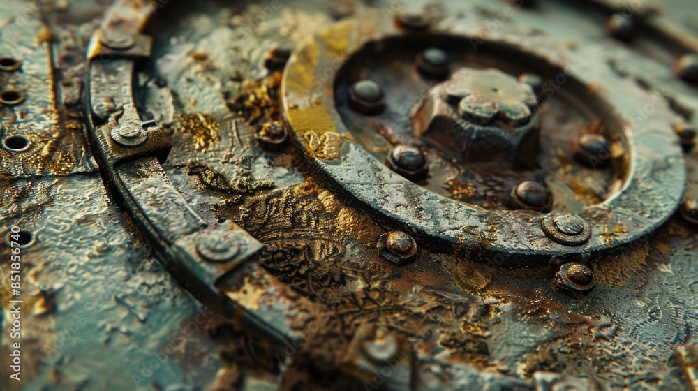 Poster Close-up shot of a metal object with visible rivets, suitable for use in industrial or technical contexts