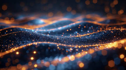 Abstract 3D render of smooth, undulating waves in blue and gold. Surreal crystalline wave. Christmas background. shine, glitter