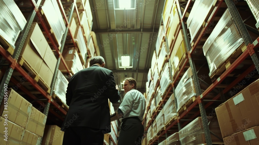 Poster two men inspecting boxes in a warehouse setting