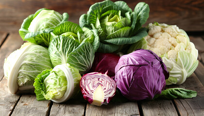Many different types of fresh cabbage on wooden table
