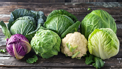 Many different types of fresh cabbage on wooden table
