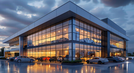 A modern car showroom exterior with cars parked in front. The building has large glass windows and doors, creating an open feeling. It is illuminated with LED lighting on the walls. Generative AI.