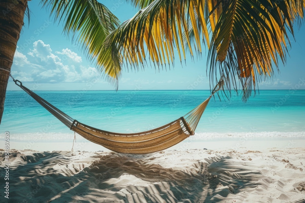Aufkleber a hammock hangs between the branches of a palm tree on a sunny beach