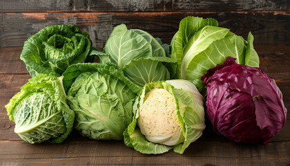 Fototapeta premium Many different types of fresh cabbage on wooden table
