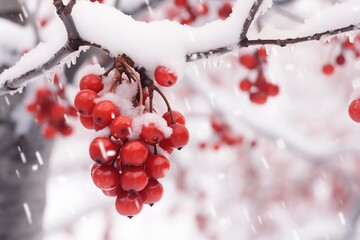 A branch with vibrant red berries heavily frosted with a thick layer of snow creating a festive scene