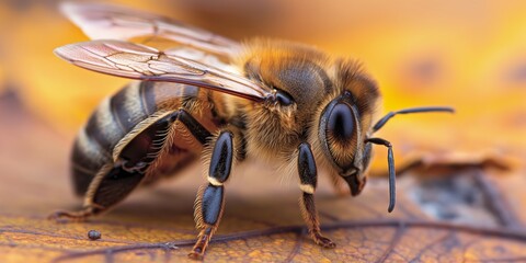 A macro shot of a resting honeybee on an autumnal leaf, elegantly highlighting its striped abdomen and wing structure