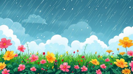 Fototapeta premium Flowers sky grass clouds flat design side view rainy day relaxation theme animation vivid