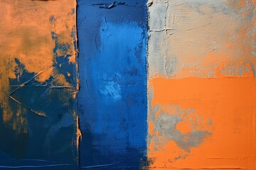 Rough textured wall painted in broad strokes of blue and orange, showcasing an abstract art style
