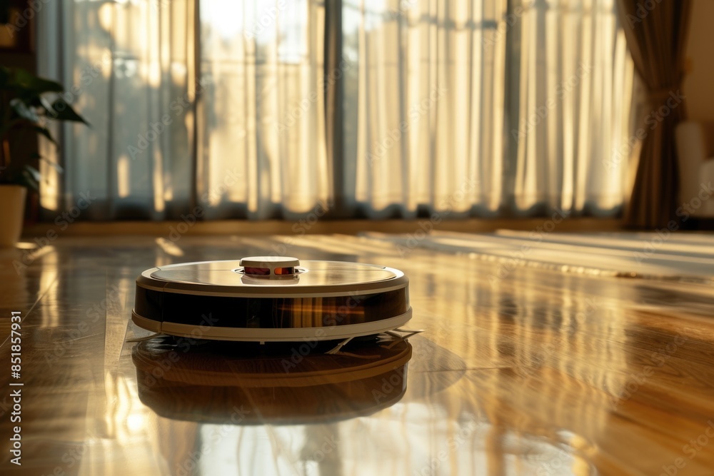 Poster A robot vacuum cleaner sitting on the floor with a view of a window behind it