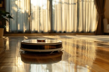 Obraz premium A robot vacuum cleaner sitting on the floor with a view of a window behind it